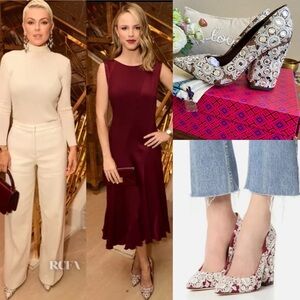 Tory Burch Celebrity Fav ‘Francesca’ Mirror Embroidery Over Leather Heels US9.5